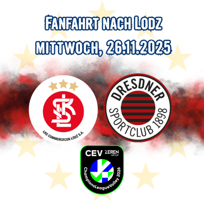 Logos der Teams Lodz und des DSC mit dem Champions League Badge von 2025/26